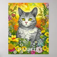 Personalized Whimsical Cat and Flowers Poster