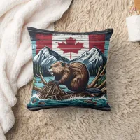 Canadian Beaver by the Flag and Mountains Throw Pillow