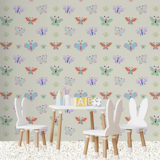 Colourful Rainbow Kids Butterfly Cream Wallpaper