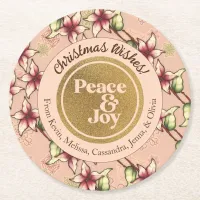 Peace & Joy, Pink and Gold Poinsettia Christmas Round Paper Coaster