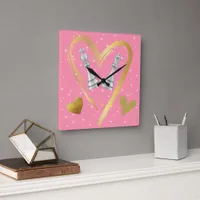 Gold Hearts King and Queen Chess Pieces on Pink | Square Wall Clock