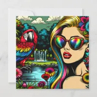 Retro Woman and Parrot in the Park Pop Art  Card