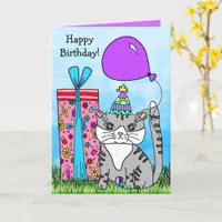 Folk Art Kitty Cat Happy Birthday Card