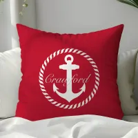 Preppy Red & White Nautical Anchor Monogram Throw Pillow