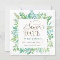 Rustic Greenery Gold Floral Photo Save the Date Announcement