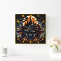 Spooky witches gathering on Halloween night Square Wall Clock