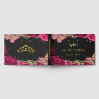 Pink Roses Black Gold Lace Butterfly Quinceañera Guest Book