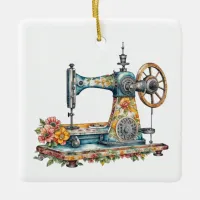 Pretty Floral Vintage Sewing Machine Christmas Ceramic Ornament