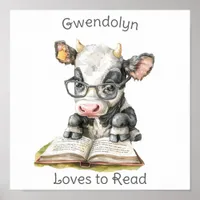 Nursery Art Poster Cow Reading a Book  Personlize