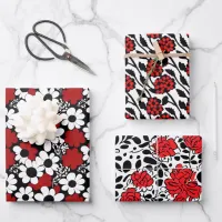 Pretty Floral Pattern in Red, Black and White Wrapping Paper Sheets