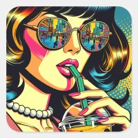 Pop Art Comic Book Pretty Woman Drinking Boba Square Sticker