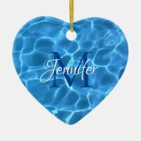 Aqua Blue Swimming Pool Water Photo Monogrammed Ceramic Ornament