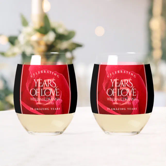 Elegant 15th Rose Wedding Anniversary Celebration Stemless Wine Glass