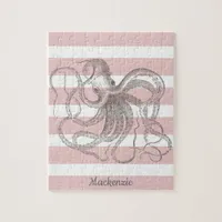 Nautical Vintage Octopus Coastal Pink Stripes Jigsaw Puzzle