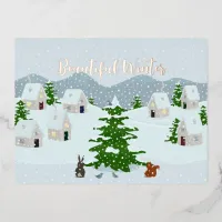 Winter village with snow, bunny, squirrel and pine foil holiday postcard