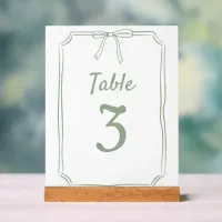 Modern Simple Bow Wedding Sage Green Table Number Acrylic Sign