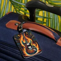 A vibrant guitar on fire in a passionate display luggage tag