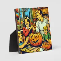 Cute Pop Art Family Carving Halloween Pumpkins Plaque