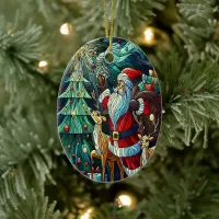 Santa Claus and His Reindeer Bearing Gifts Ceramic Ornament