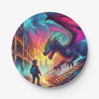 Boy Encounters a Dragon in a Dystopian World Paper Plates