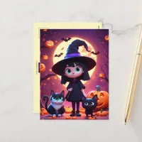 Cute little witch with cats and pumpkins, custom  postcard