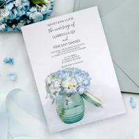 Blue Hydrangea Flowers in Glass Jar Vase Wedding Invitation