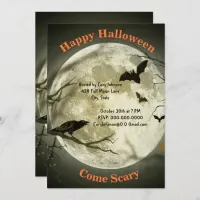 Full Moonlight Night, Black Crow, Bats, Halloween Invitation