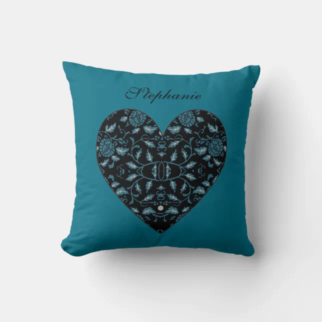 Elegant Flowery Black and Teal Damask Heart Throw Pillow