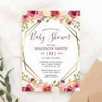 Burgundy Gold Floral Geometric Baby Shower Invitation