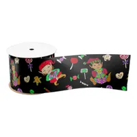 Girl and Boy Elves and Christmas Candy Whimsical Satin Ribbon