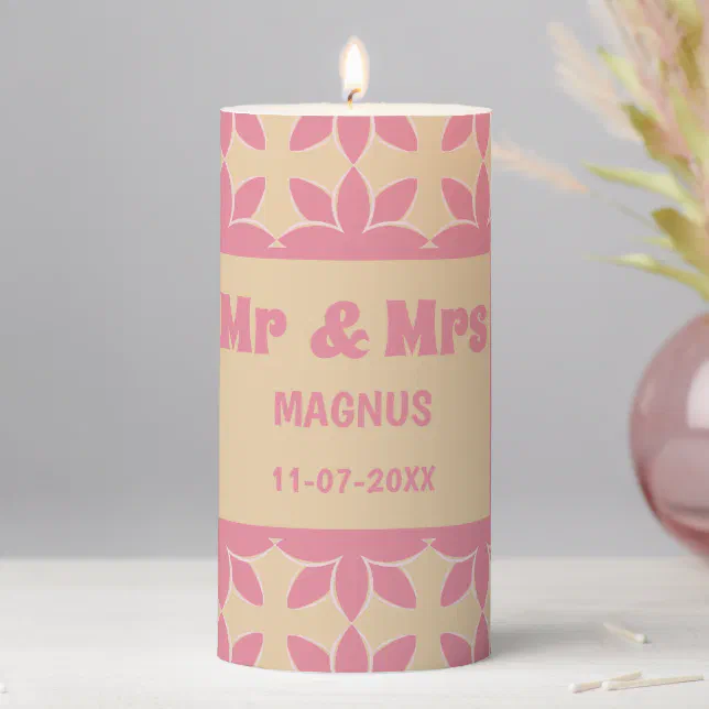 Retro groovy 70's bold typography peach & pink  pillar candle