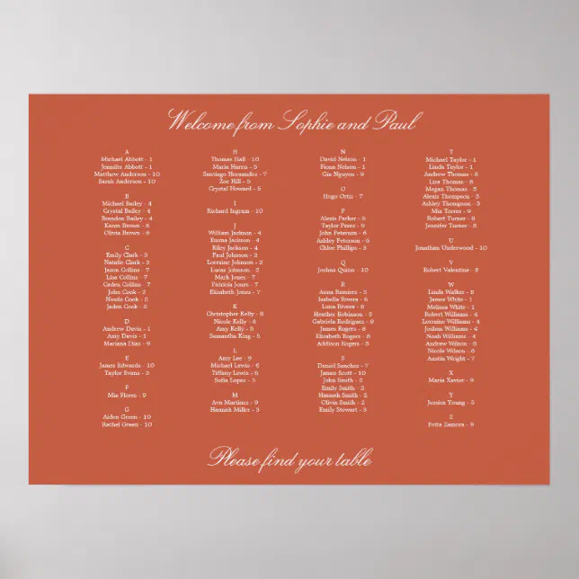 Terracotta Alphabetical Seating Chart Poster