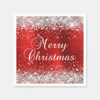 Glittery Silver and Red Merry Christmas Napkins