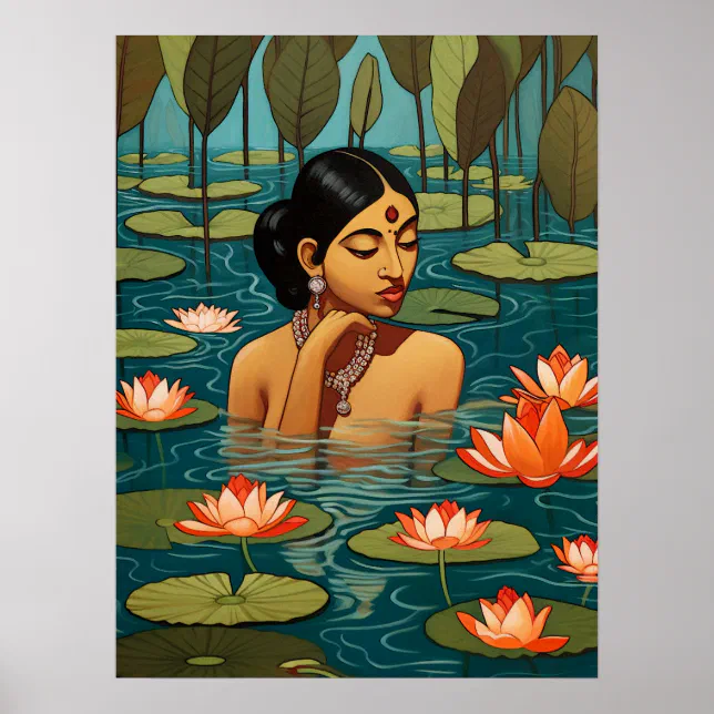 Indian Woman in a pond surrounded by lotus flowers Poster