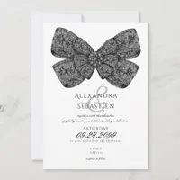 Vintage Diamonds Bow Script Black & White Wedding Invitation