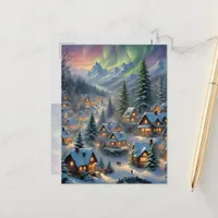 Christmas in a mountain village, polar lights  holiday postcard