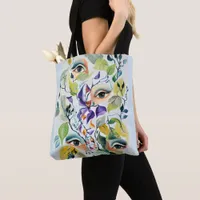 Handpainted Elegant Feminine Eyes Colorful Leaves  Tote Bag