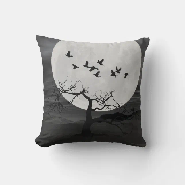 Spooky Ravens Flying Against the Full Moon Throw Pillow