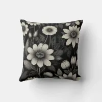 Doodle Black & White flowers graphic illustration  Throw Pillow