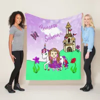 Cute Purple Princess and Unicorn Personalized Fleece Blanket