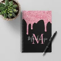Black Pink Sparkle Glitter Drips Monogram Notebook