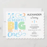 Dream Big Little One Blue Baby Boy 1st Birthday Invitation