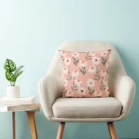 White Daisy Flowers on Pink Throw Pillow