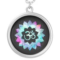 *~* OM Symbol . Lotus Watercolor  Mandala Silver Plated Necklace