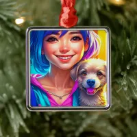 Anime Girl and Puppy Dog   Metal Ornament