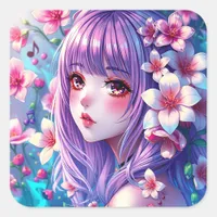 Beautiful Anime Girl with Purple Hair Square Sticker