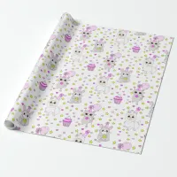 Cute Llama, Kitten and Mouse Cupcake Purple Girl's Wrapping Paper