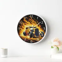 Classic hot rod speeding through fiery backdrop clock