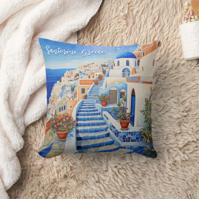 Santorini Island Illustration | Travel Art Throw Pillow
