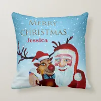 Traditional Magical Santa Claus   Smiling Rudolf Throw Pillow